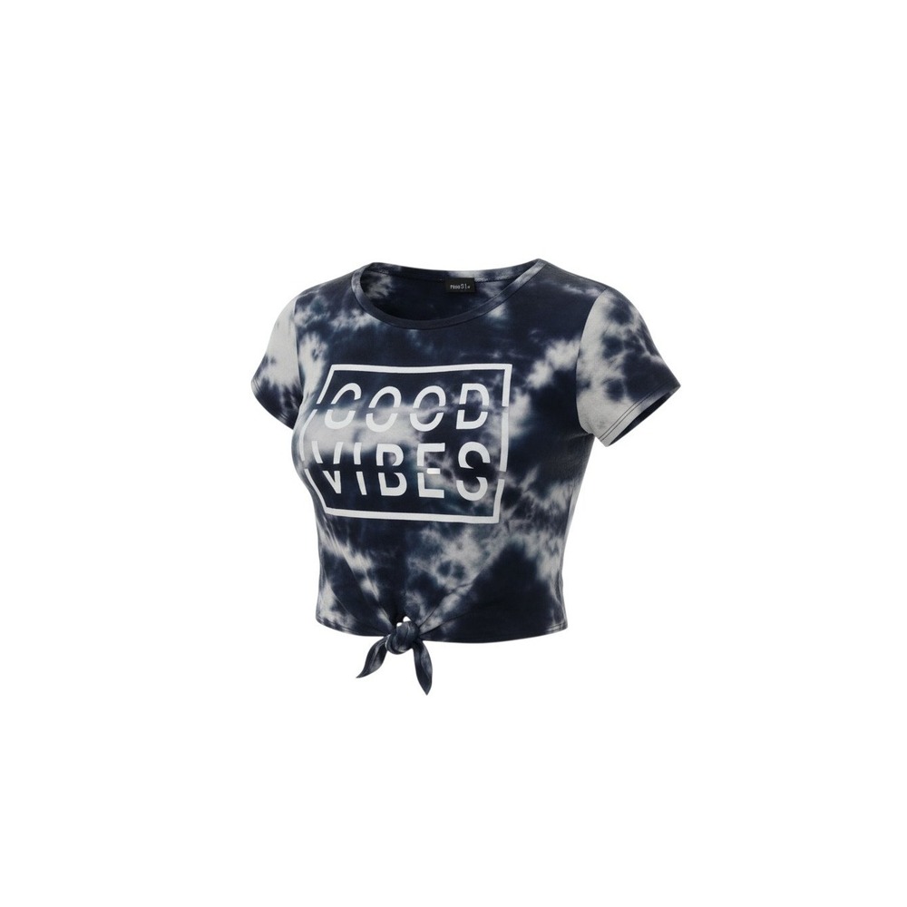 rue21 Crop Top Womens Medium Blue Tie Dye Good Vibes Graphic Front Tie Tee